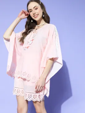 Pink Schiffli Cotton Kaftan & Shorts Set