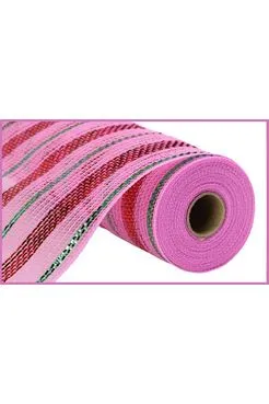 10.25" Poly Faux Jute Metallic Mesh Ribbon: Lt Pink/Red/Emerald (10 Yards)