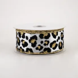 1.5" Flocked Cheetah Satin Ribbon: White, Black, Gold (10 Yards)