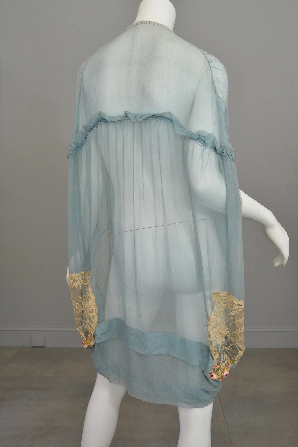 1920s Deco Aqua Blue Sheer Silk Cocoon Duster Vest with Beads, Lace and Flowers