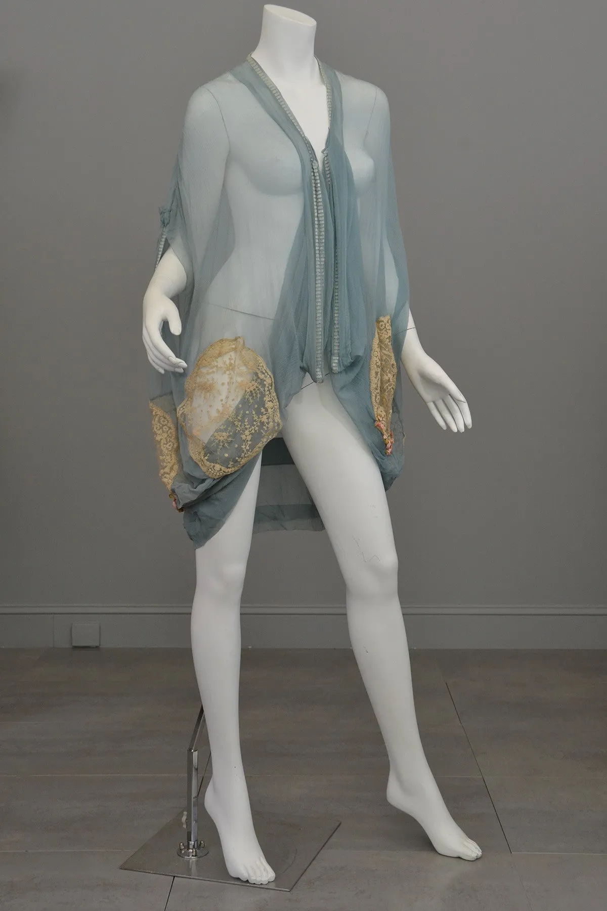 1920s Deco Aqua Blue Sheer Silk Cocoon Duster Vest with Beads, Lace and Flowers