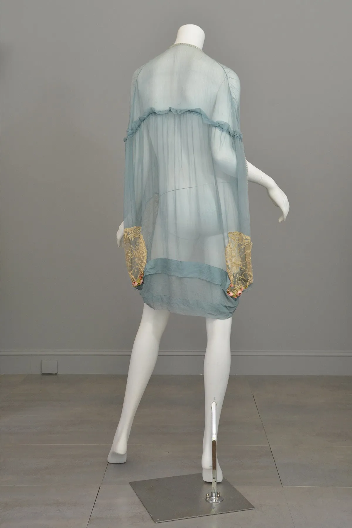 1920s Deco Aqua Blue Sheer Silk Cocoon Duster Vest with Beads, Lace and Flowers