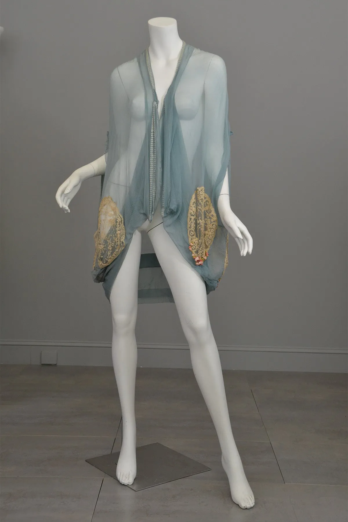 1920s Deco Aqua Blue Sheer Silk Cocoon Duster Vest with Beads, Lace and Flowers