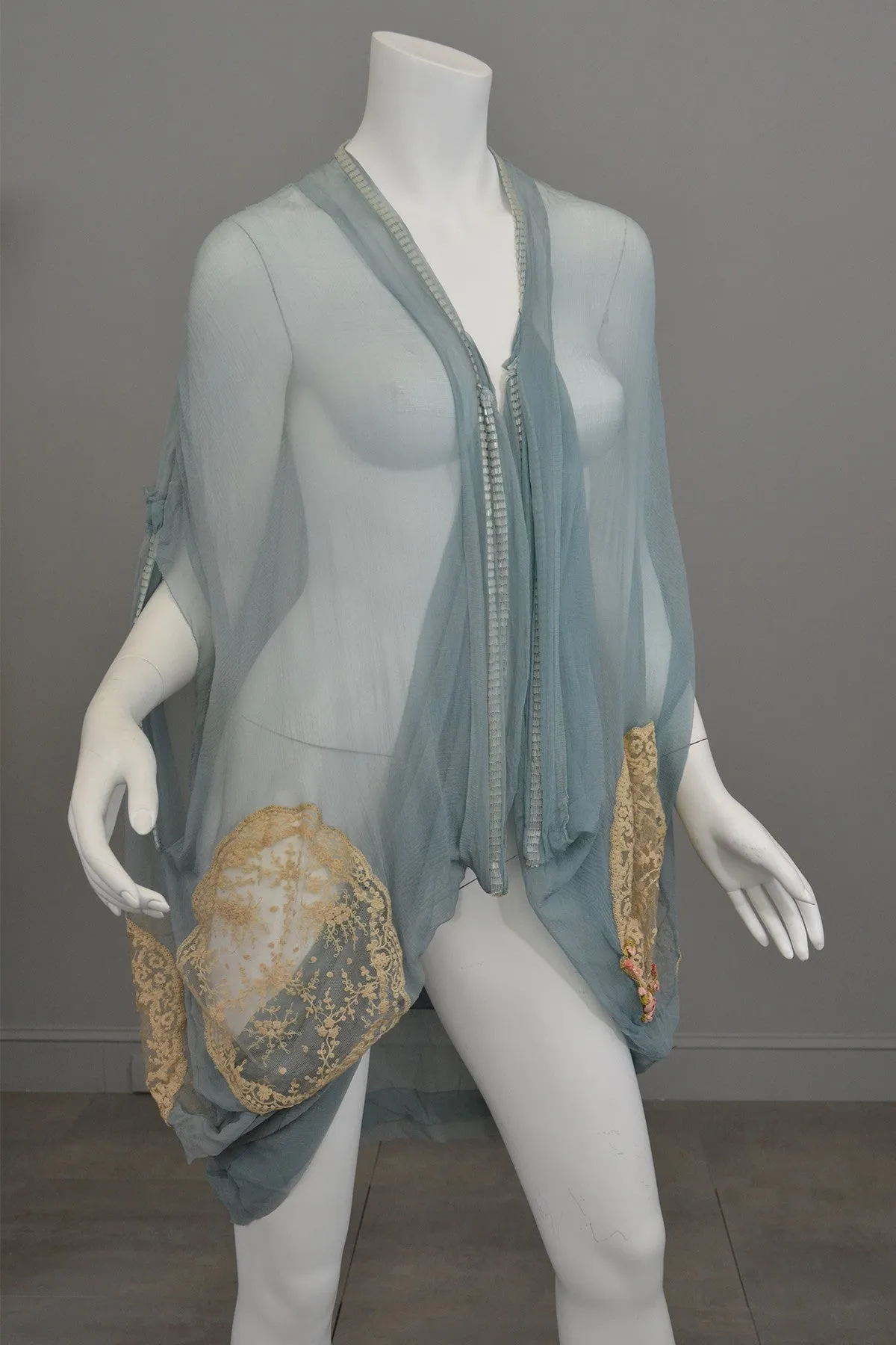 1920s Deco Aqua Blue Sheer Silk Cocoon Duster Vest with Beads, Lace and Flowers