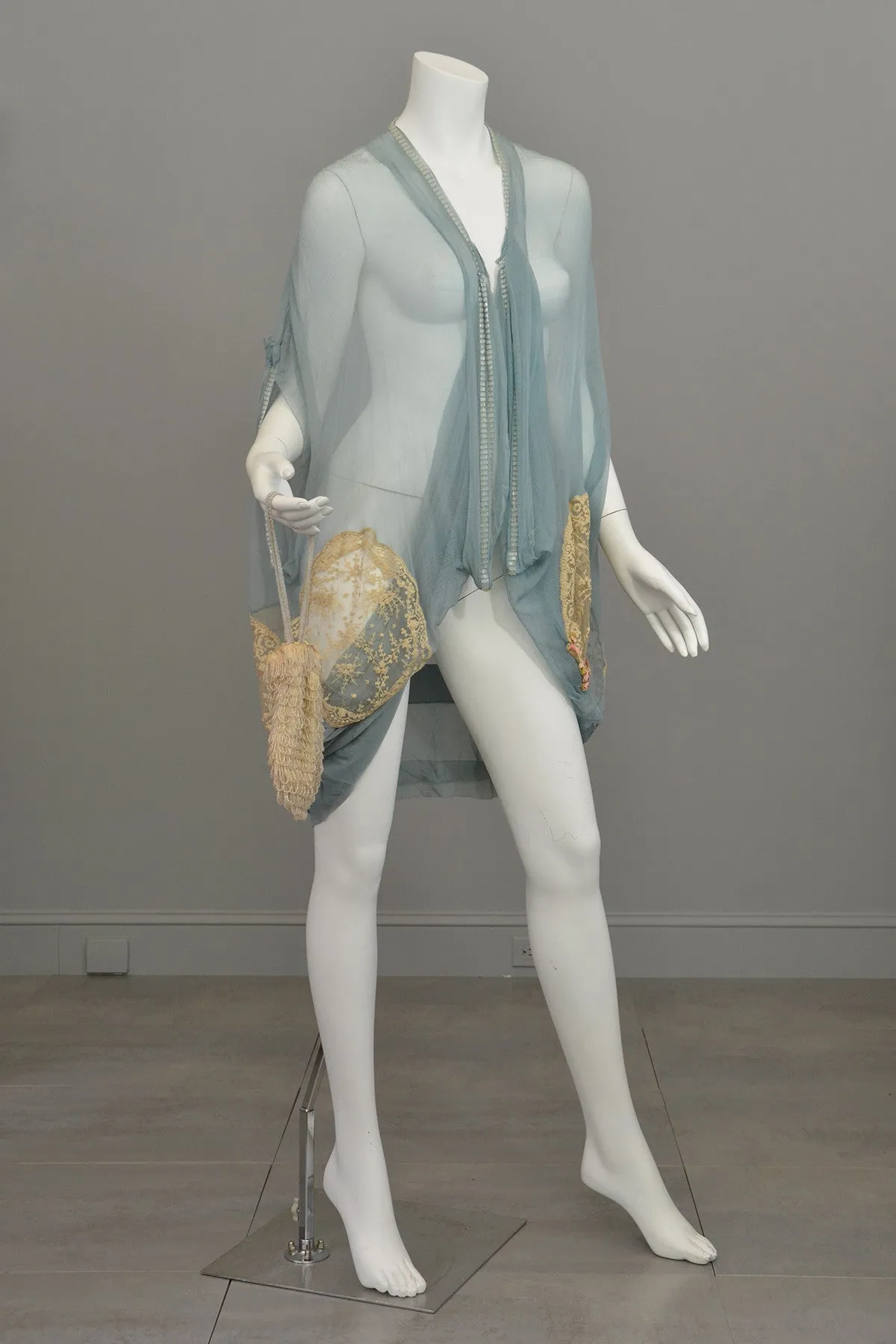 1920s Deco Aqua Blue Sheer Silk Cocoon Duster Vest with Beads, Lace and Flowers