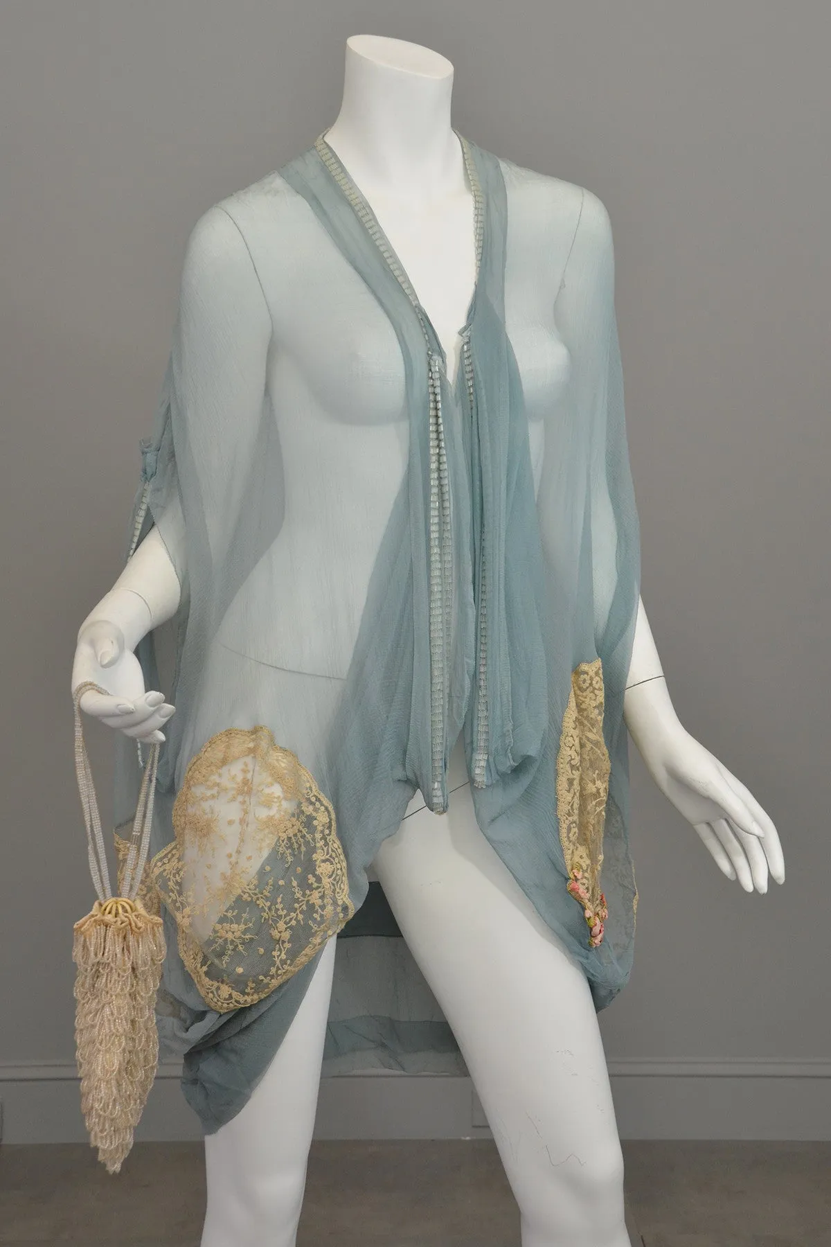 1920s Deco Aqua Blue Sheer Silk Cocoon Duster Vest with Beads, Lace and Flowers