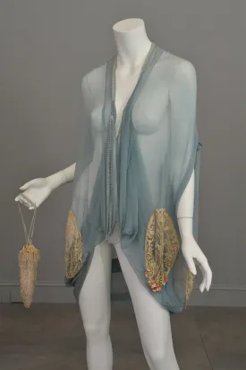 1920s Deco Aqua Blue Sheer Silk Cocoon Duster Vest with Beads, Lace and Flowers