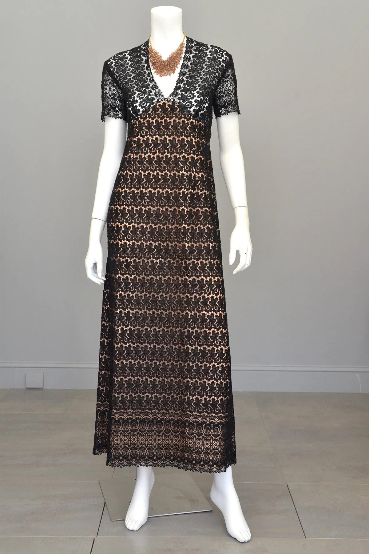 1960s 70s Black Illusion Lace Vintage Babydoll Maxi Dress Gown with Keyhole Back