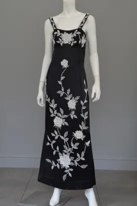 1960's 70's Silk Sheath Dress with Intricate Seed Bead Floral Design