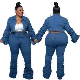 Autumn And Winter Plus Size Womens Clothing Long Sleeve Denim Coat And Stacked Two Piece Pants Set