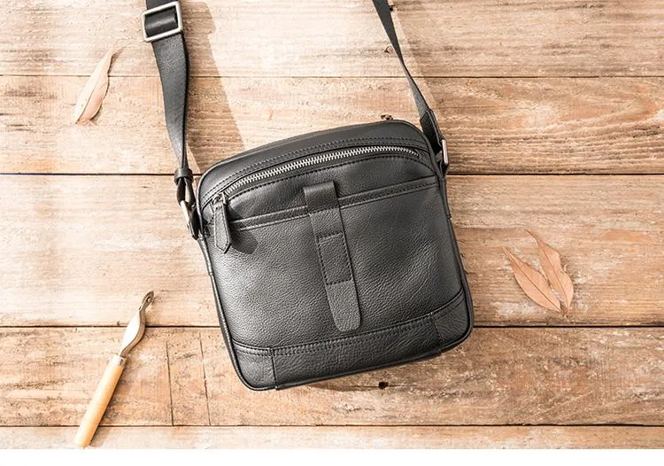 Black Cool Leather Mens Small Shoulder Bags Vertical Messenger Bags Square Phone Bag for Men