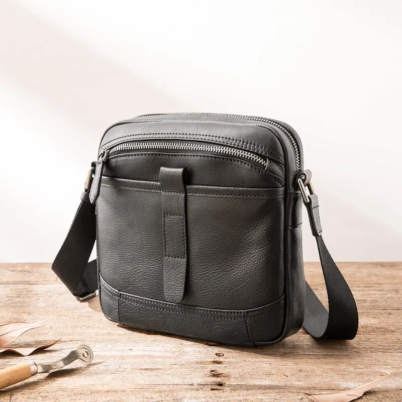 Black Cool Leather Mens Small Shoulder Bags Vertical Messenger Bags Square Phone Bag for Men