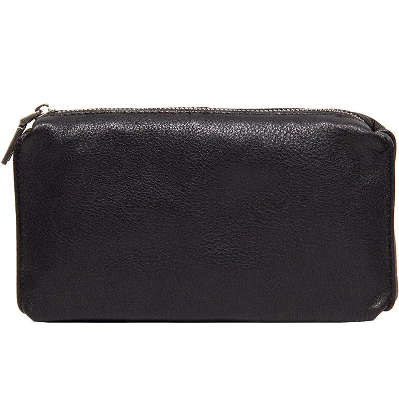 Black Leather Mens Clutch Wallet Wristlet Wallet Zipper Clutch for Men