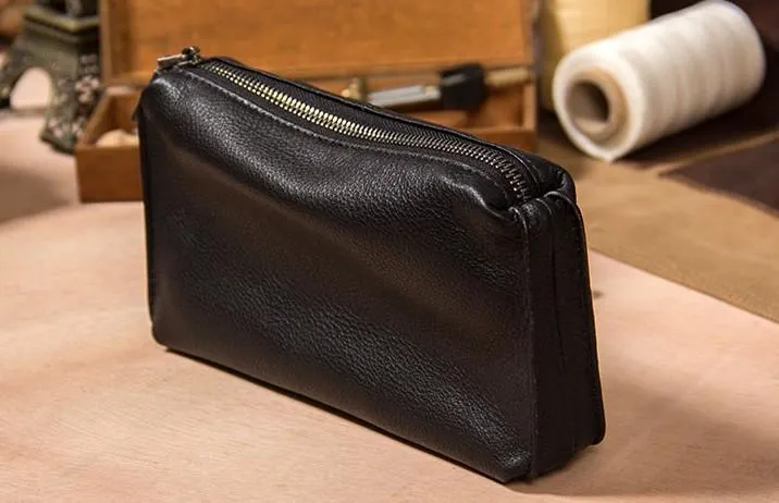 Black Leather Mens Clutch Wallet Wristlet Wallet Zipper Clutch for Men