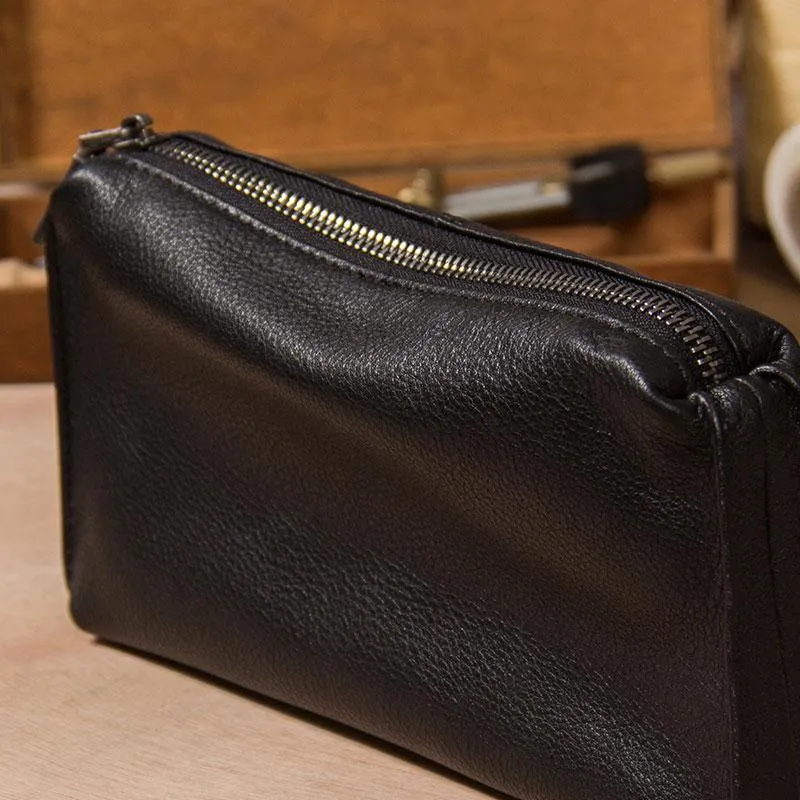 Black Leather Mens Clutch Wallet Wristlet Wallet Zipper Clutch for Men