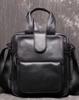 Black Leather Mens Laptop Work Bag Handbag Vertical Briefcase Shoulder Bags Black Business Bags For Men