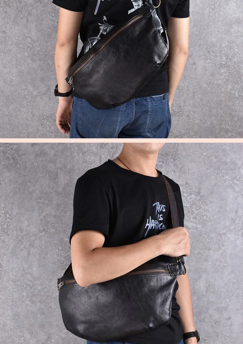 Black Leather Mens Large Sling Bag Leather Sling Pack Postman Bag Fanny Pack Shoulder Bag For Men