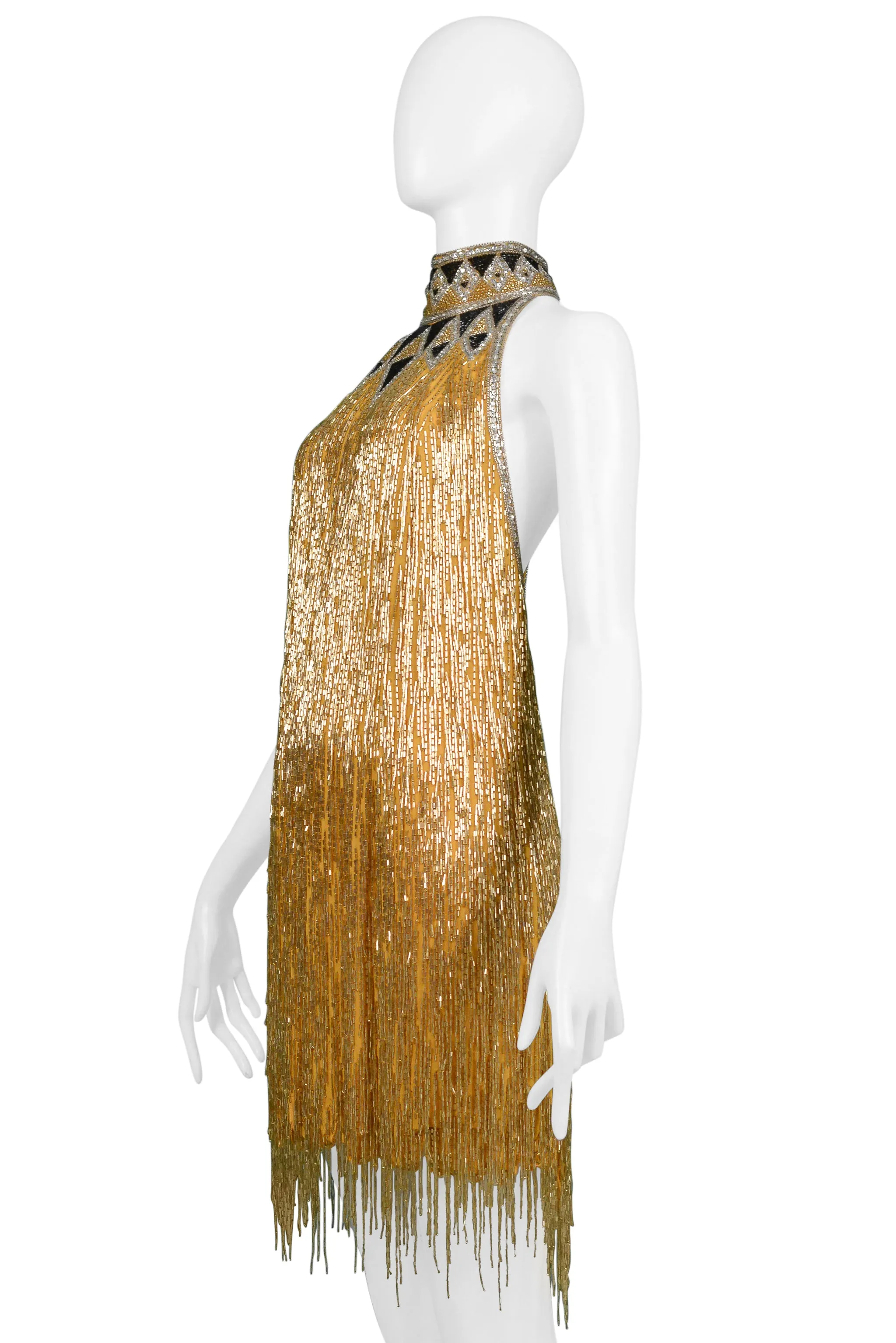 BOB MACKIE GOLD & BLACK DECO INSPIRED BEADED DRESS 1980S