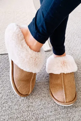 Camel Suede Plush Thick Sole Slippers