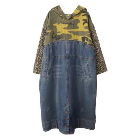 Getadme Camouflage Patchwork Denim Dress  Hooded cowboy Dress Women Maxi Baggy Jean Dress Boyfriend Long Sleeves Loose Dresses