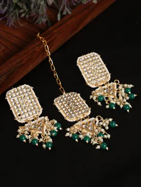 Gold-Toned Green & White Kundan Stone Studded & Pearls Beaded Traditional Maangtikka & Earrings Set