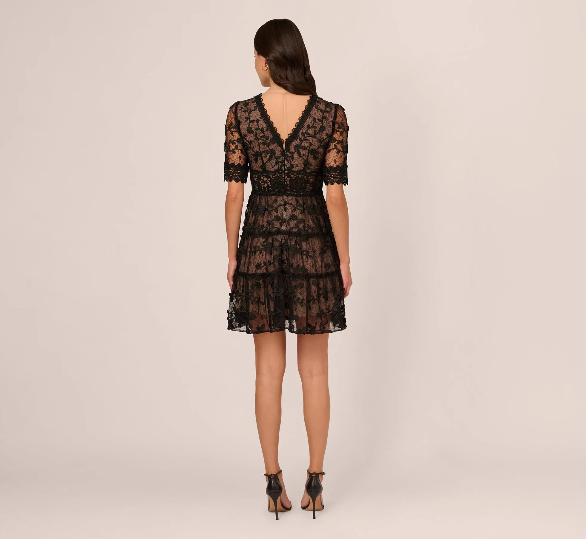 Lace Embroidered V Neck Dress With Elbow Sleeves In Black Nude