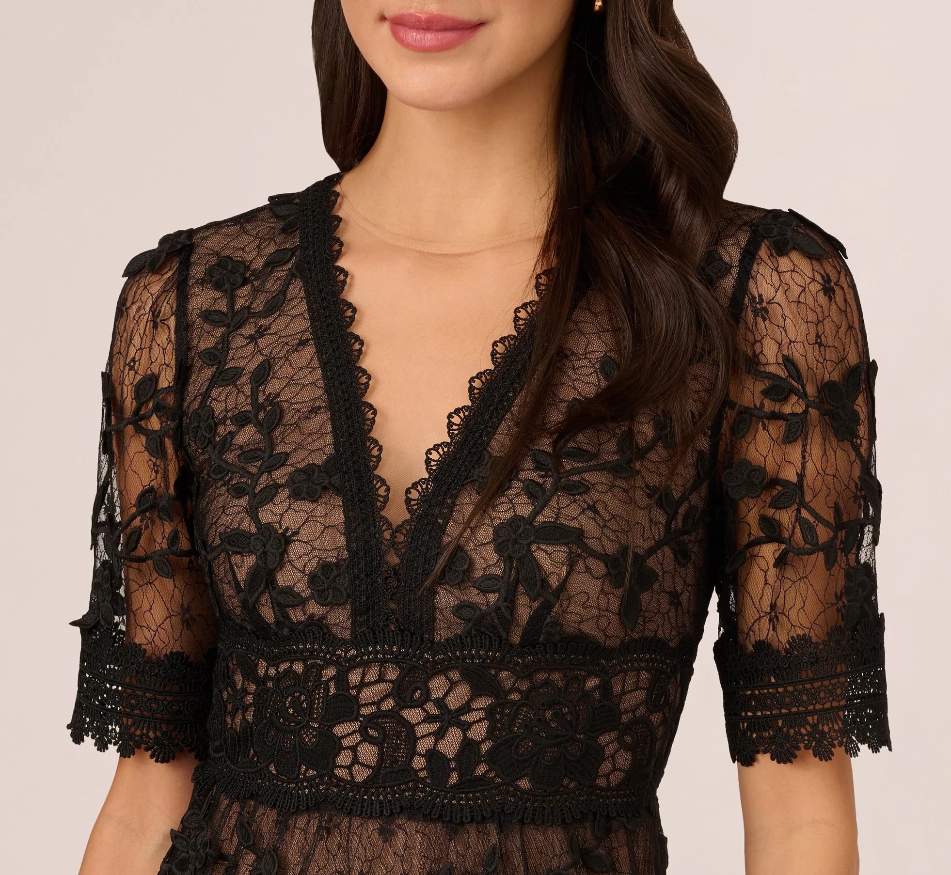 Lace Embroidered V Neck Dress With Elbow Sleeves In Black Nude