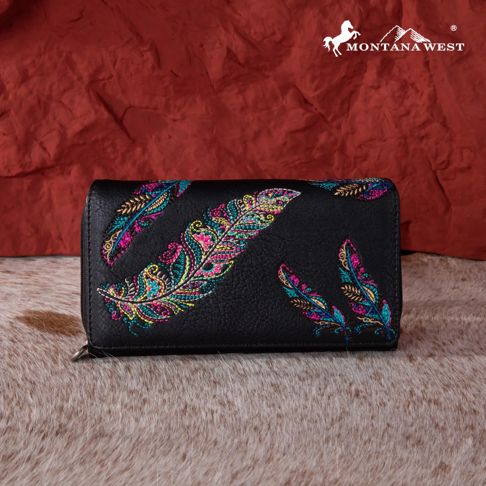 MW1242-W010 Montana West Feather Embroidered  Collection Wallet