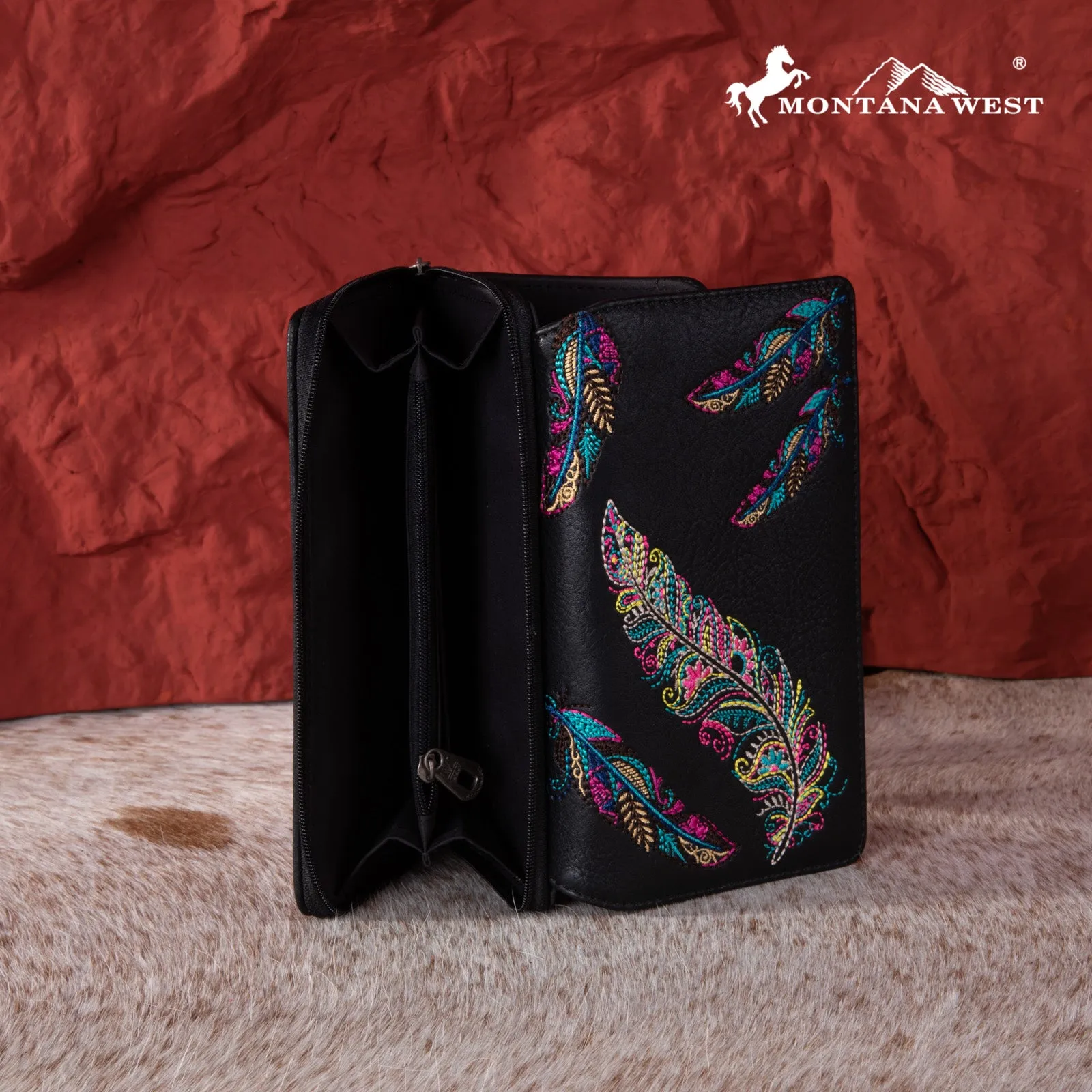 MW1242-W010 Montana West Feather Embroidered  Collection Wallet