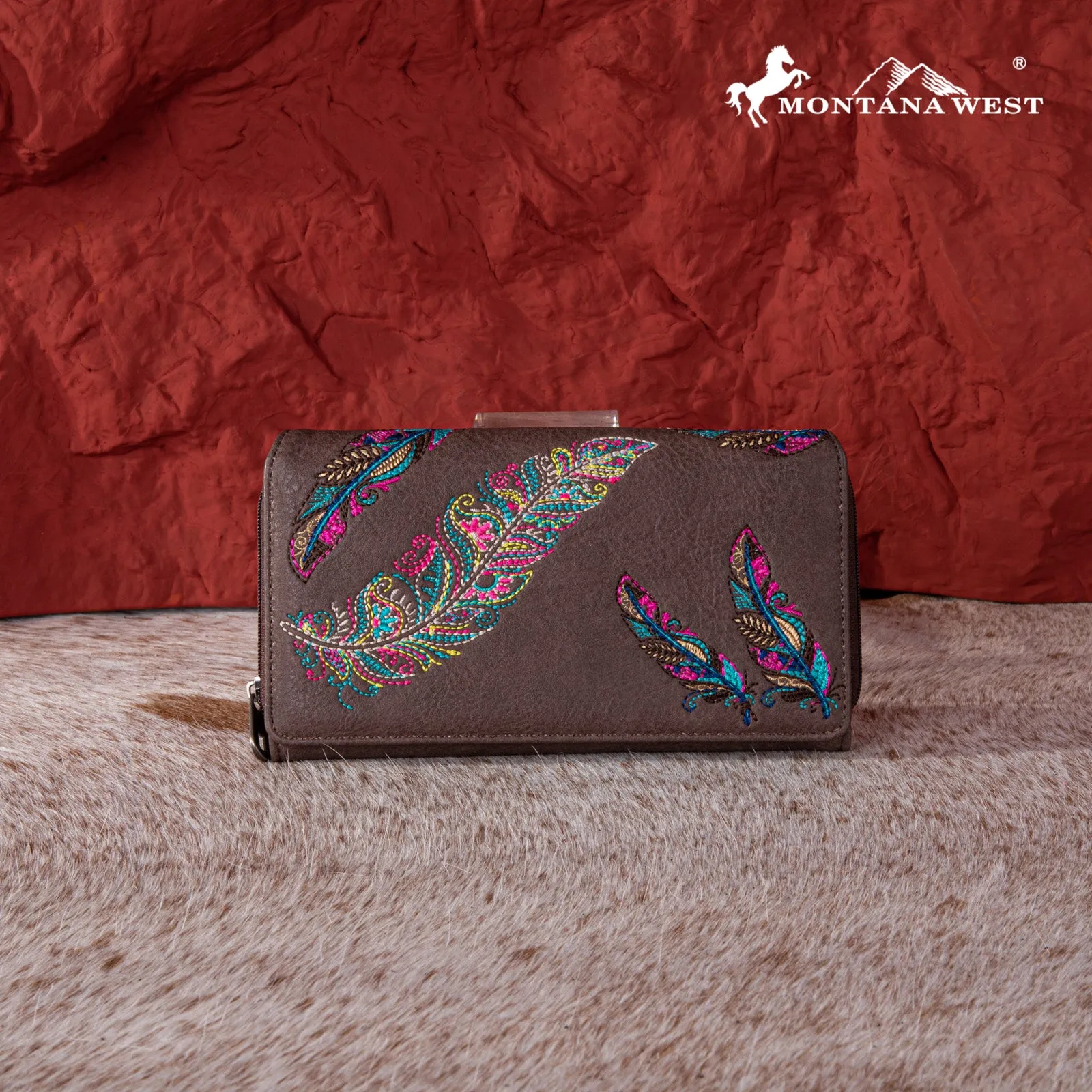 MW1242-W010 Montana West Feather Embroidered  Collection Wallet