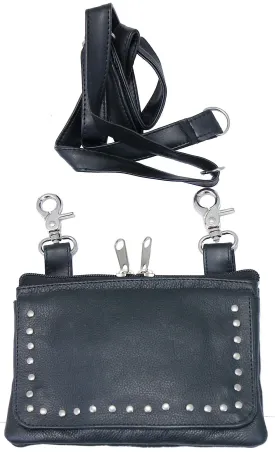 Stud Trim Black Leather Hip Clip Bag With Removable Strap #PKK2151RK