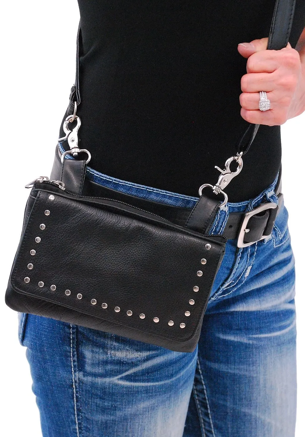 Stud Trim Black Leather Hip Clip Bag With Removable Strap #PKK2151RK