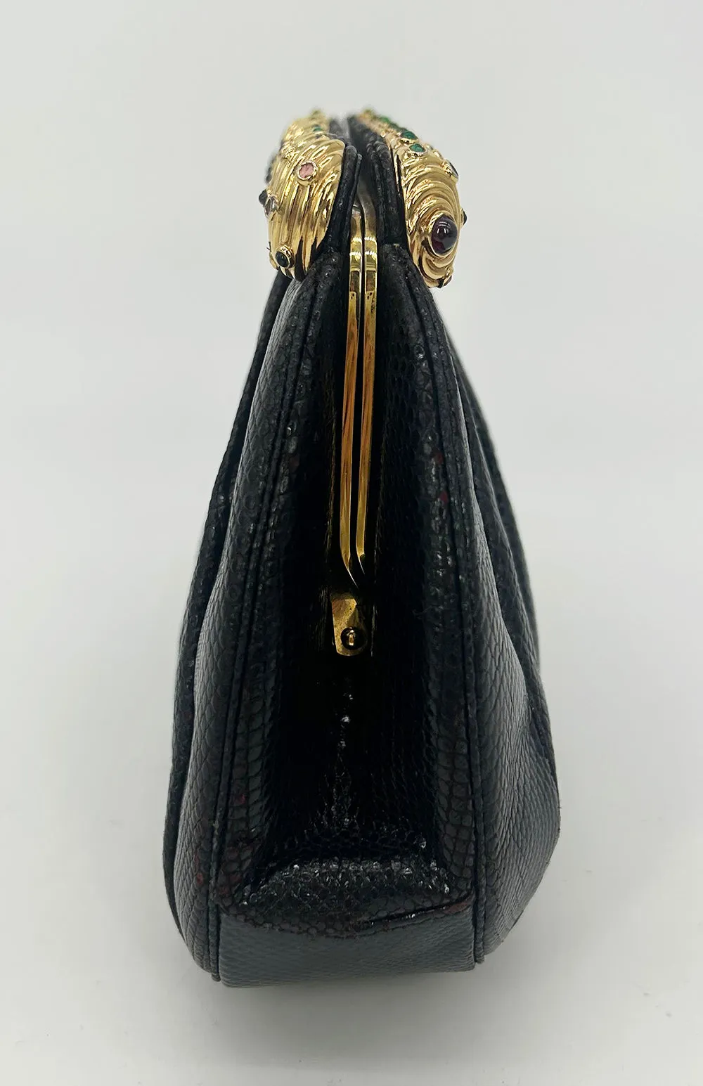 Vintage Judith Leiber Black Lizard Gold Gemstone Top Clutch