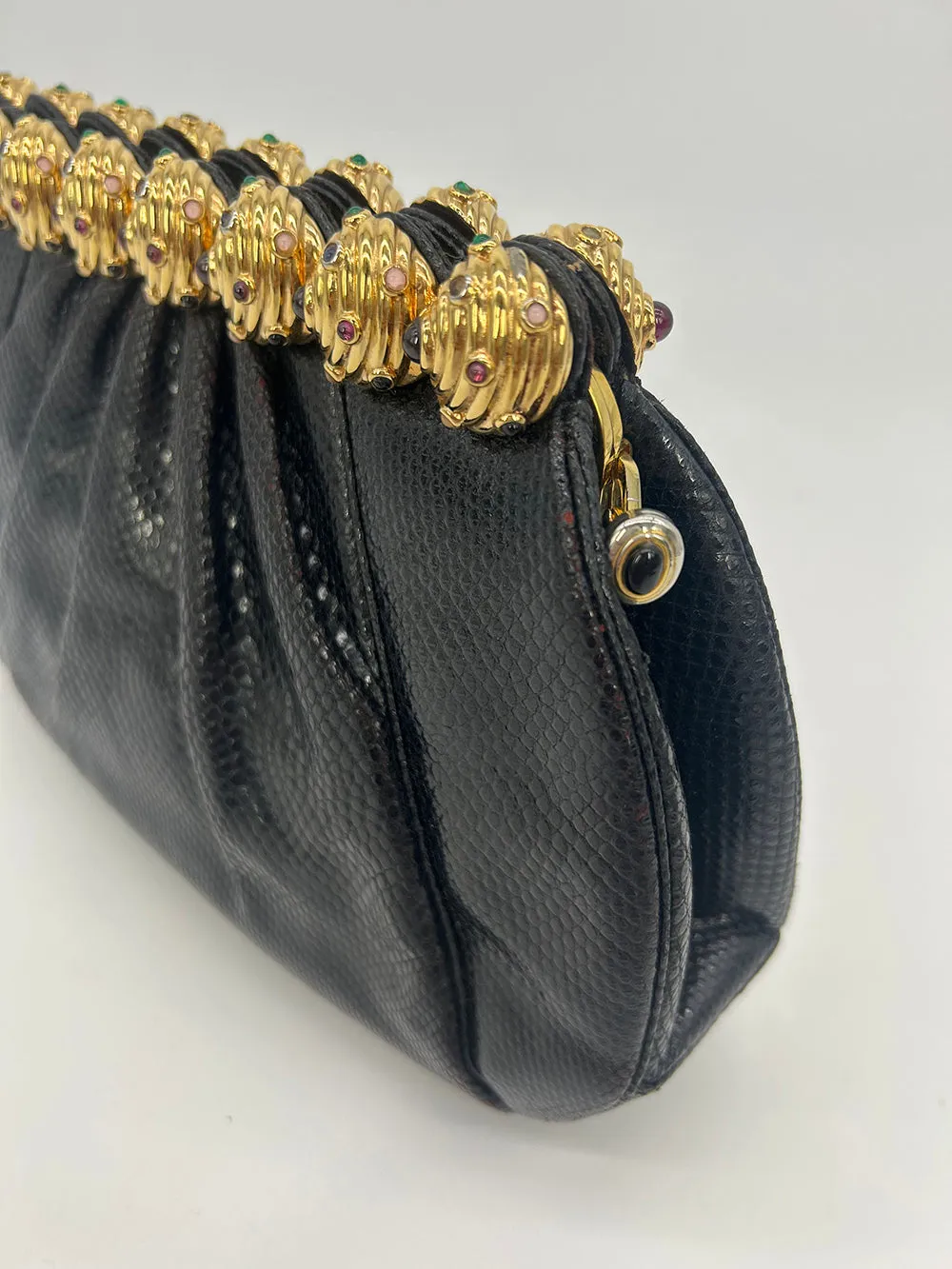 Vintage Judith Leiber Black Lizard Gold Gemstone Top Clutch