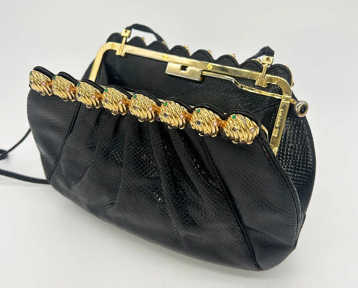 Vintage Judith Leiber Black Lizard Gold Gemstone Top Clutch