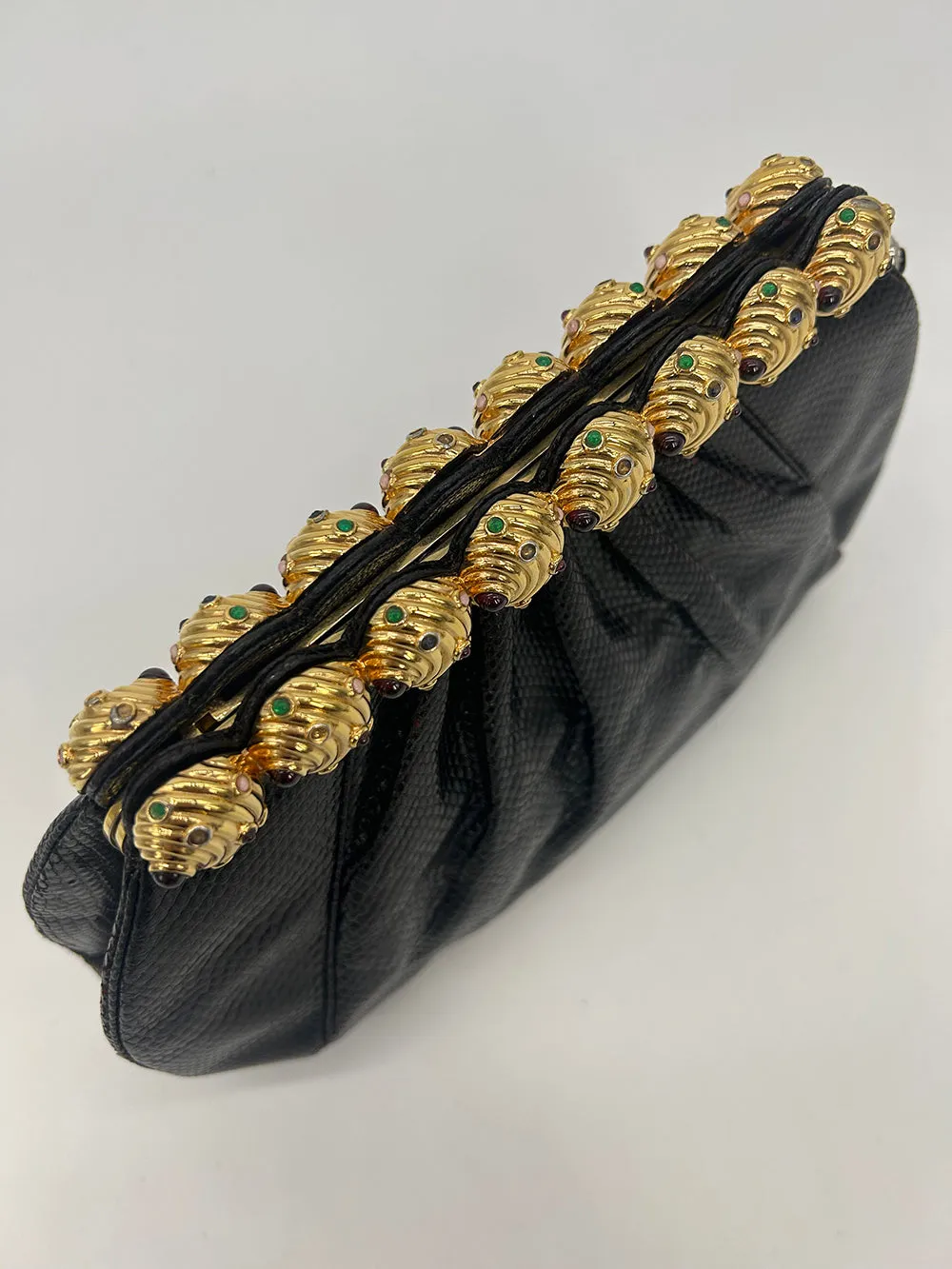 Vintage Judith Leiber Black Lizard Gold Gemstone Top Clutch