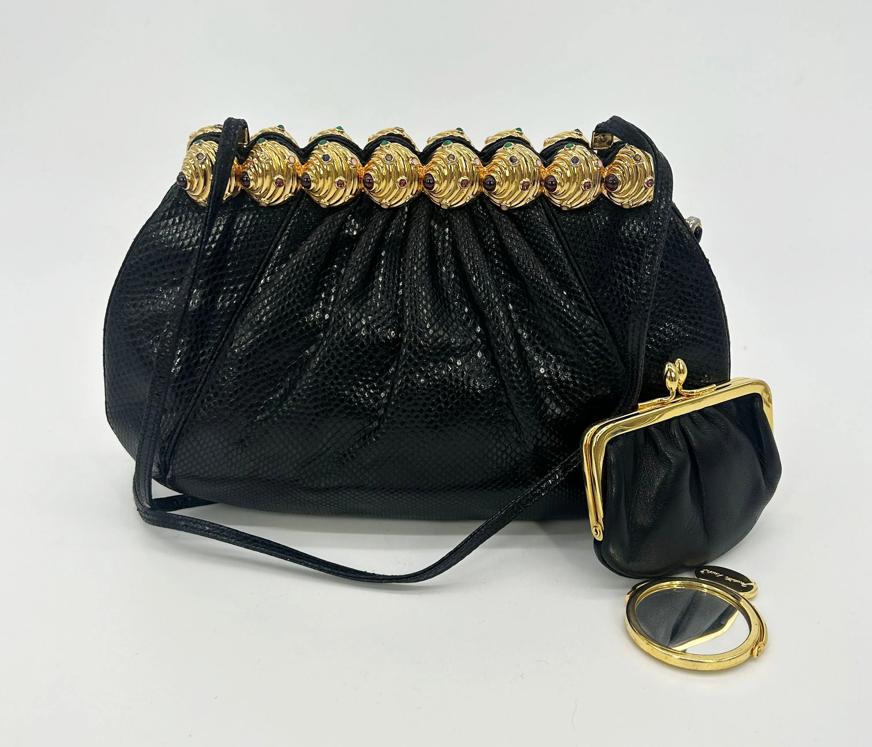 Vintage Judith Leiber Black Lizard Gold Gemstone Top Clutch