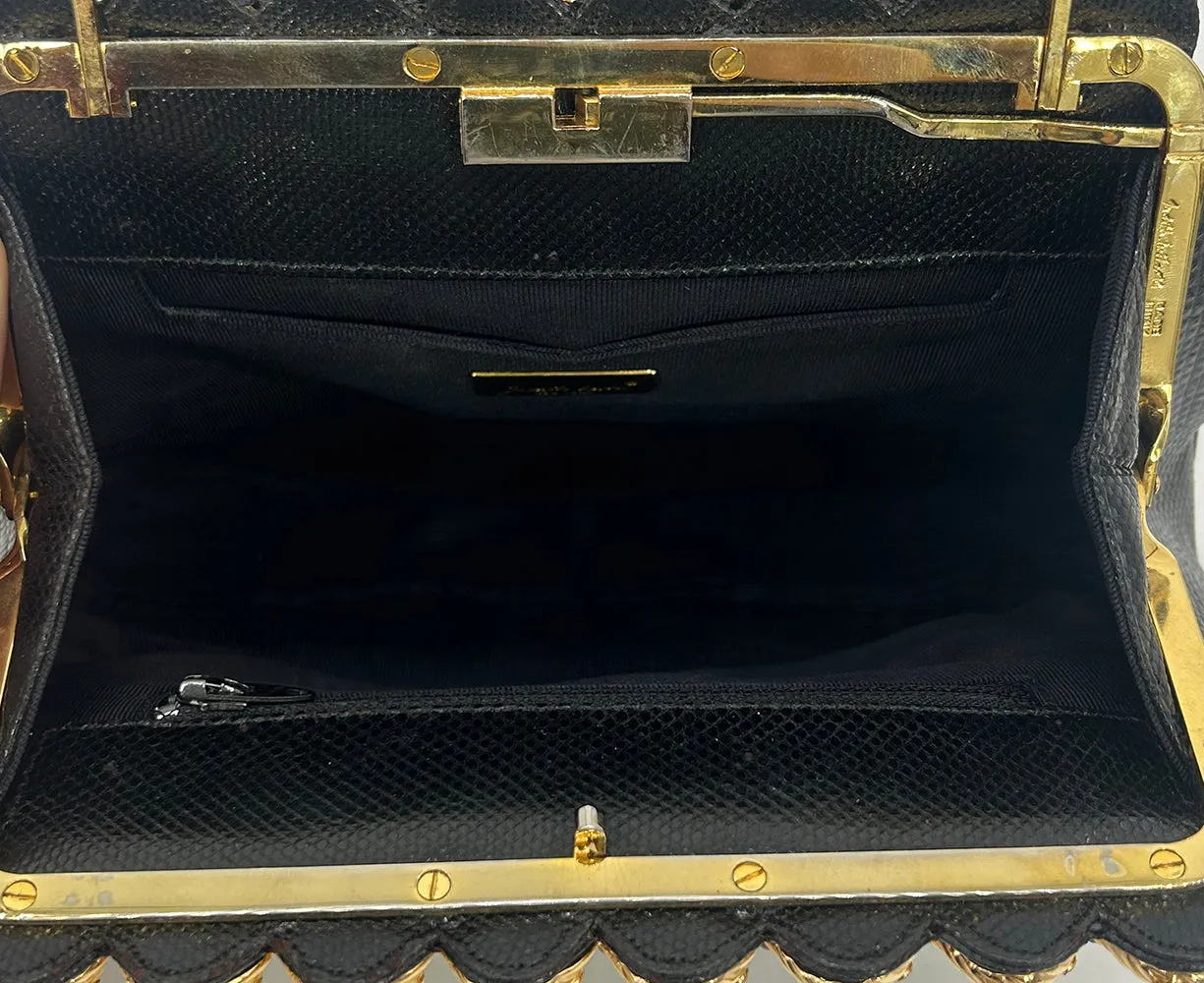 Vintage Judith Leiber Black Lizard Gold Gemstone Top Clutch