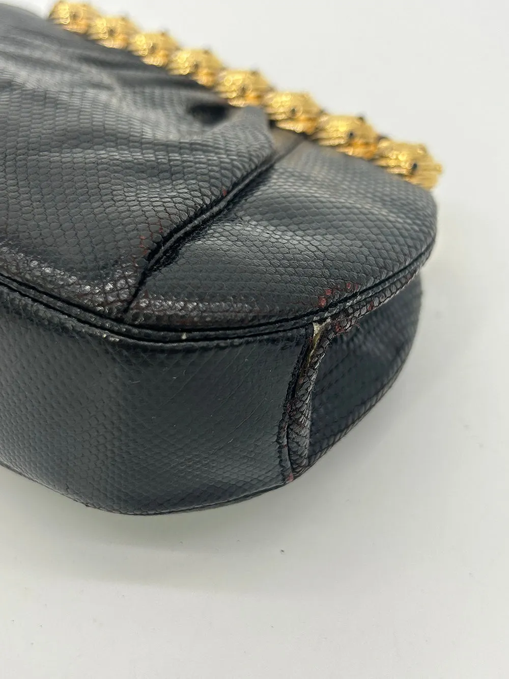 Vintage Judith Leiber Black Lizard Gold Gemstone Top Clutch