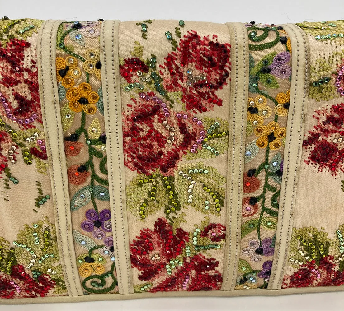 Vintage Judith Leiber Silk Floral Crystal Embroidered Tassel Clutch